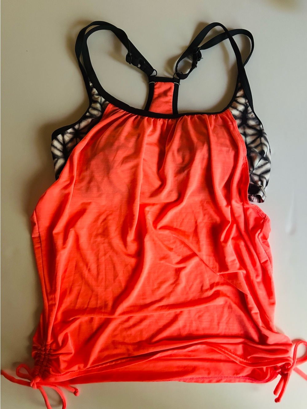 Zero Exposure Neon Coral Swim Top with gray & White Pattern
